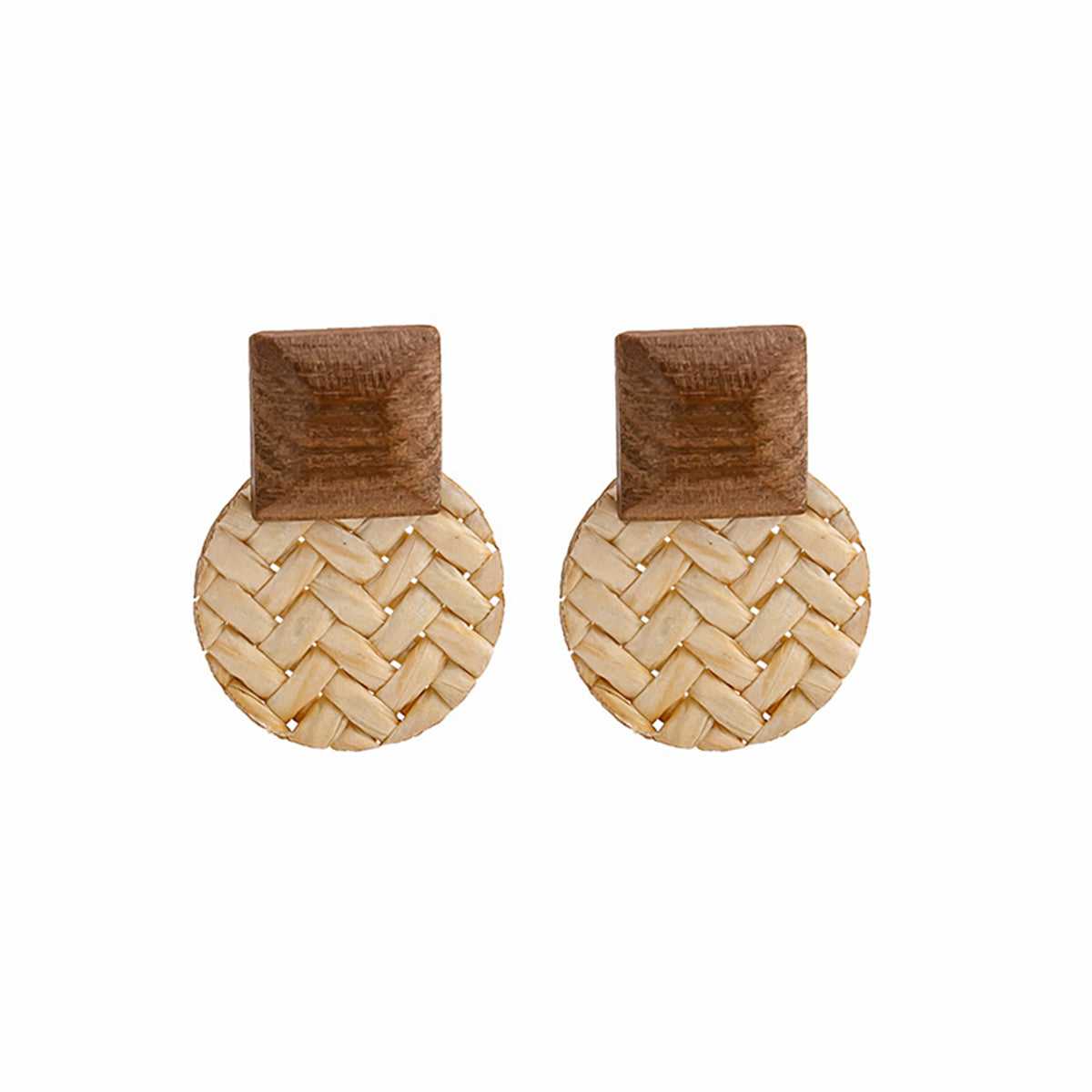 Beige Rattan & Wood Round Drop Earrings