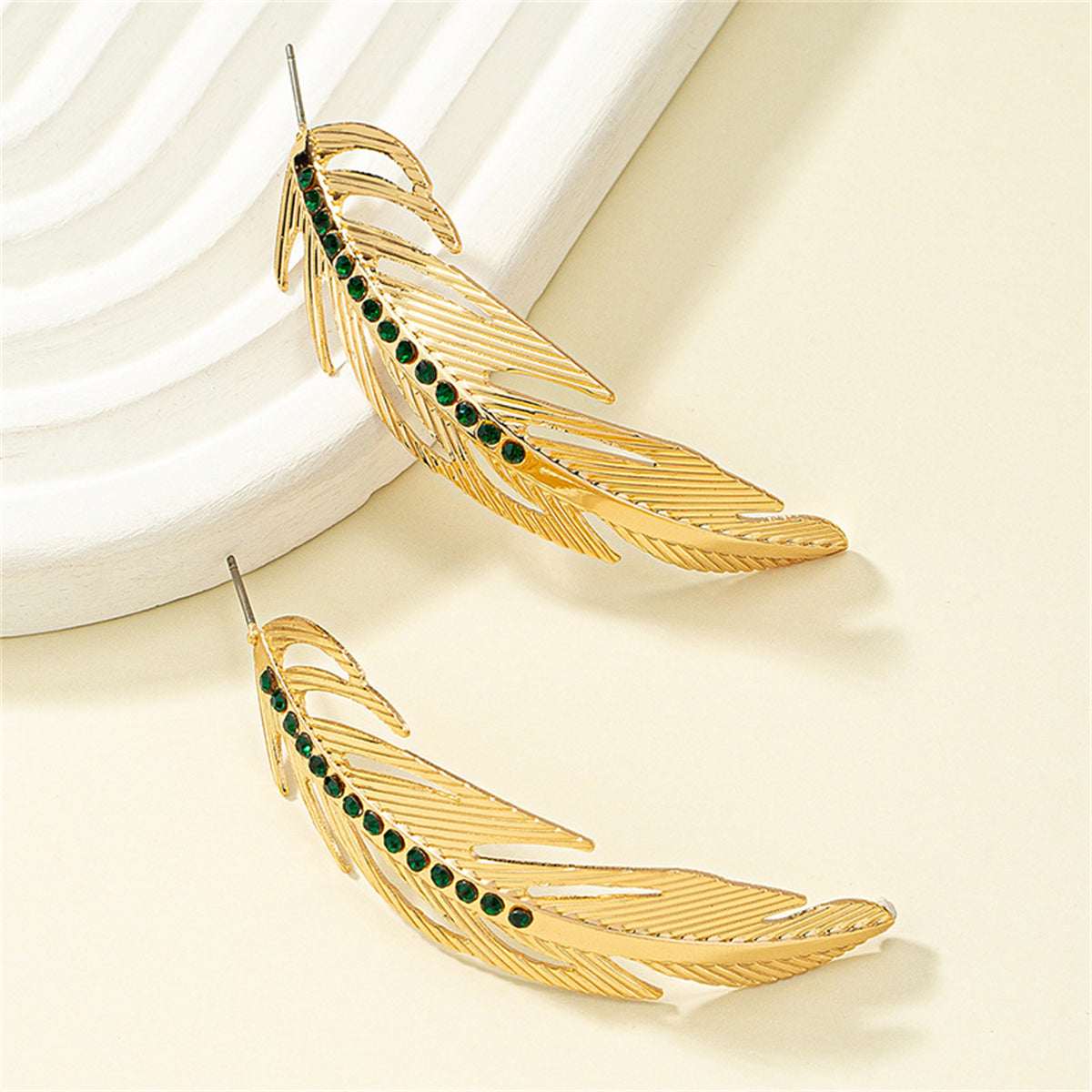 Black Cubic Zirconia & Goldtone Feather Drop Earrings