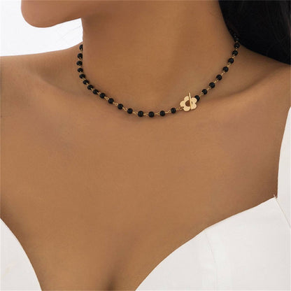 Black & Goldtone Flower Choker Necklace