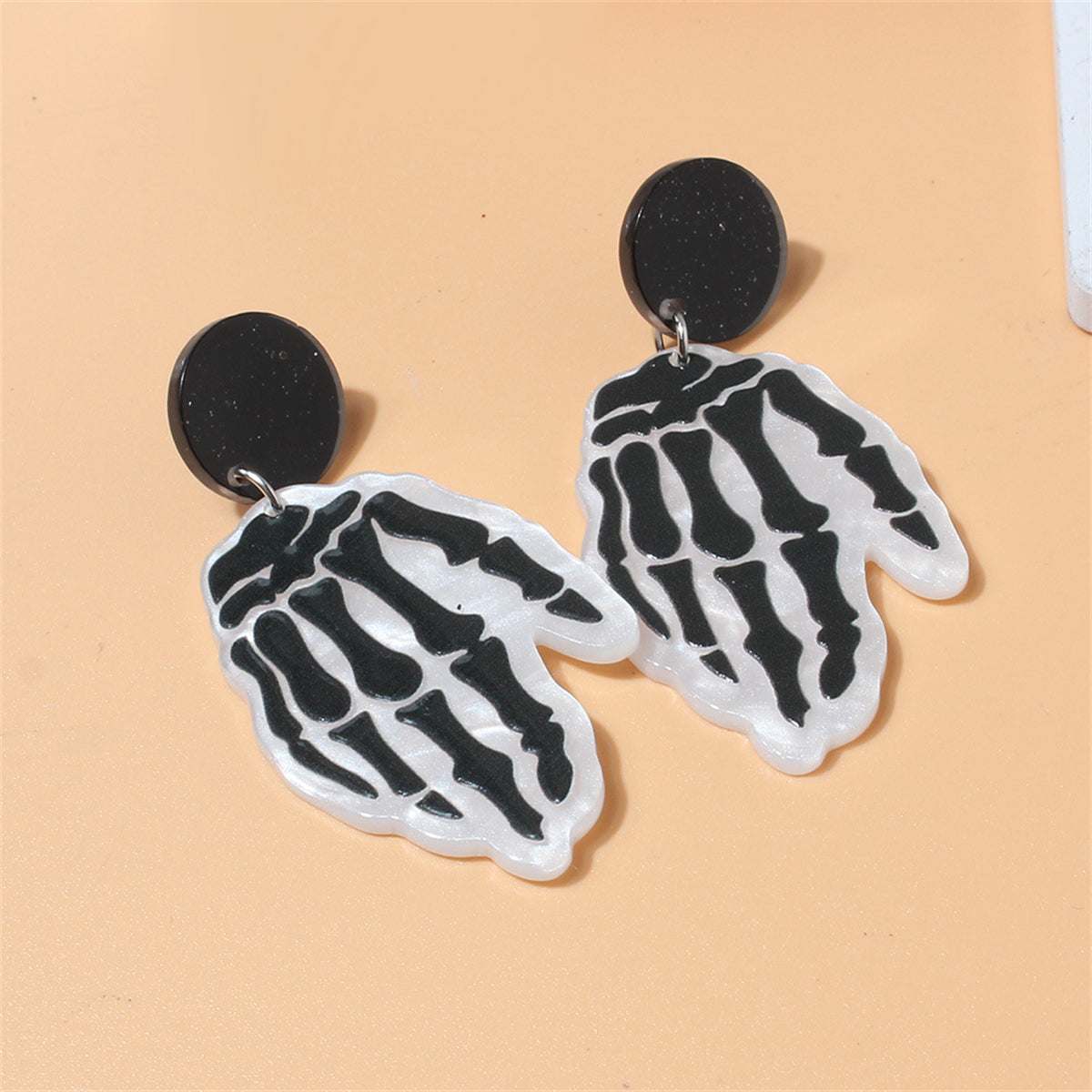 Black Acrylic & Silvertone Skeleton Hands Drop Earrings