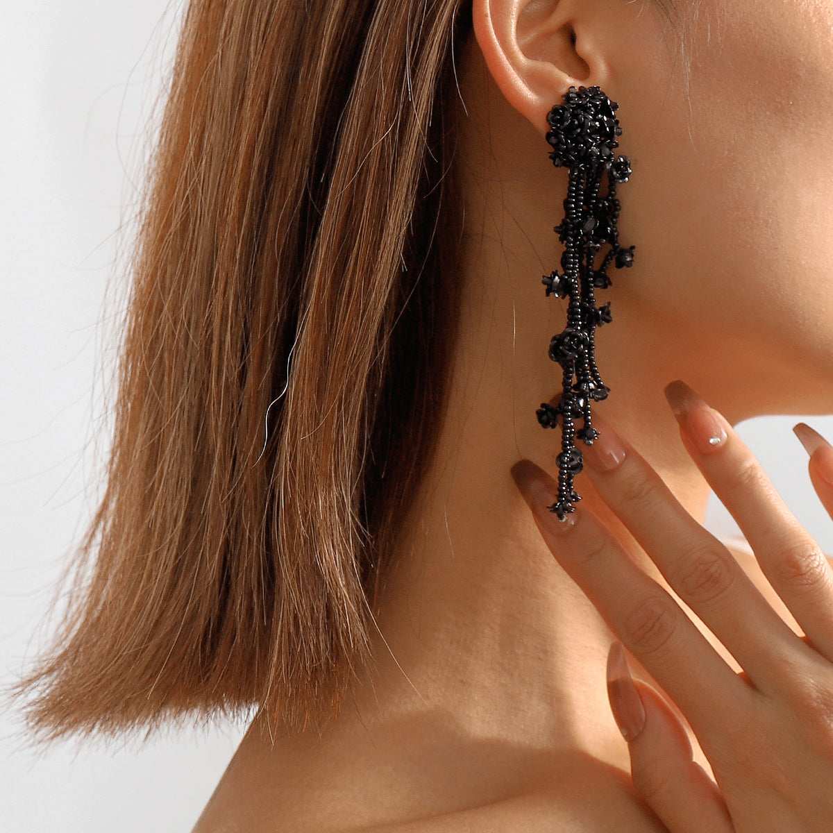 Black Acrylic & Silvertone Flower Tassel Drop Earrings