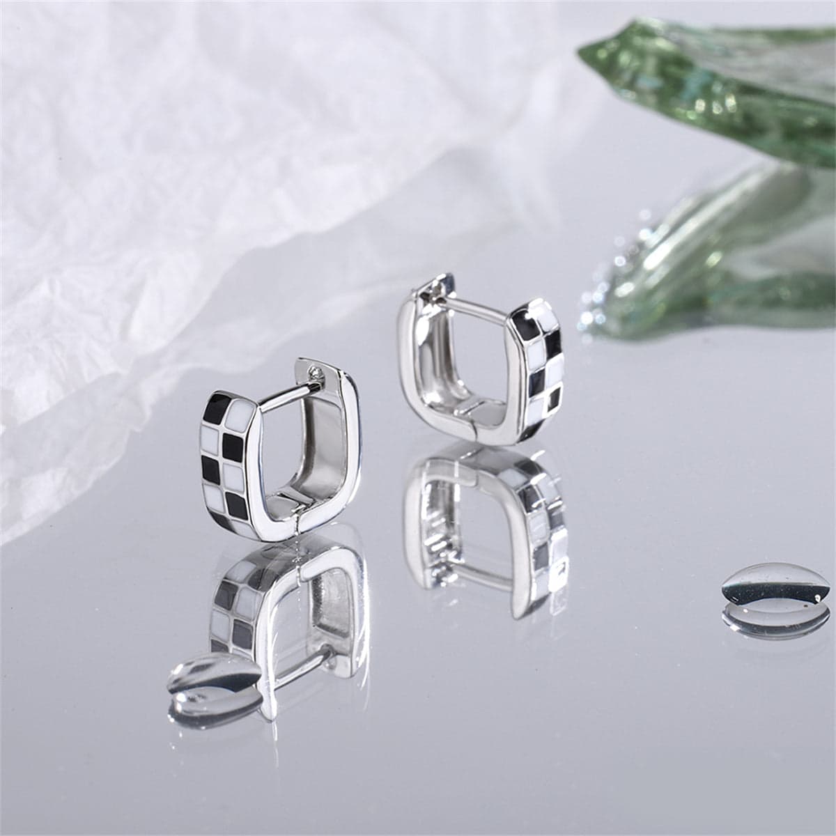 Black & White Checkerboard Square Huggie Earrings