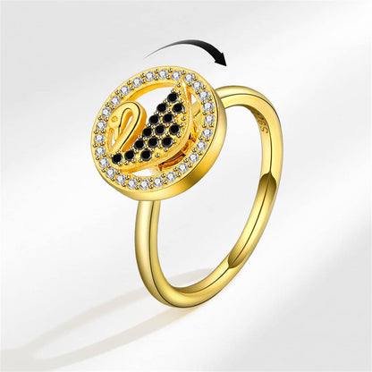 Black Cubic Zirconia & Goldtone Rotating Swan Open Ring