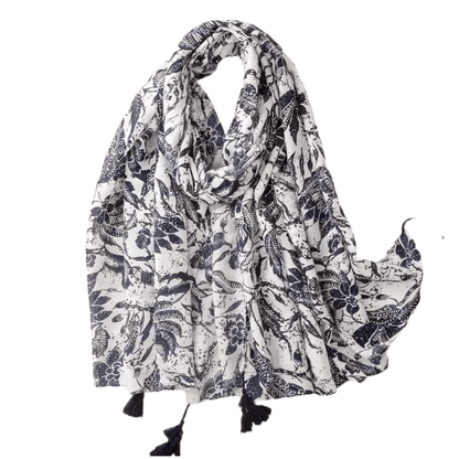 Floral Indigo Tassel Scarf