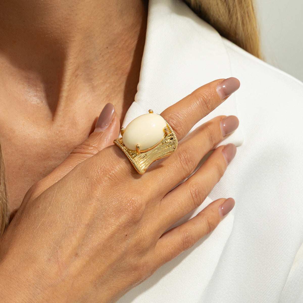 Beige Resin & Goldtone Prong-Set Oval Open Ring