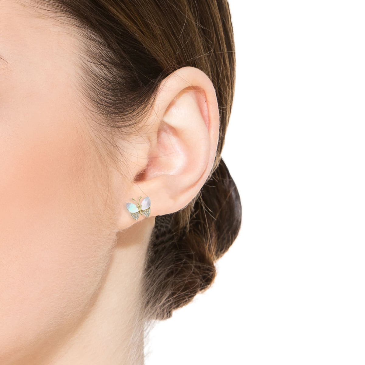 14k Gold Plated Mother of Pearl & Cubic Zirconia Butterfly Stud Earrings