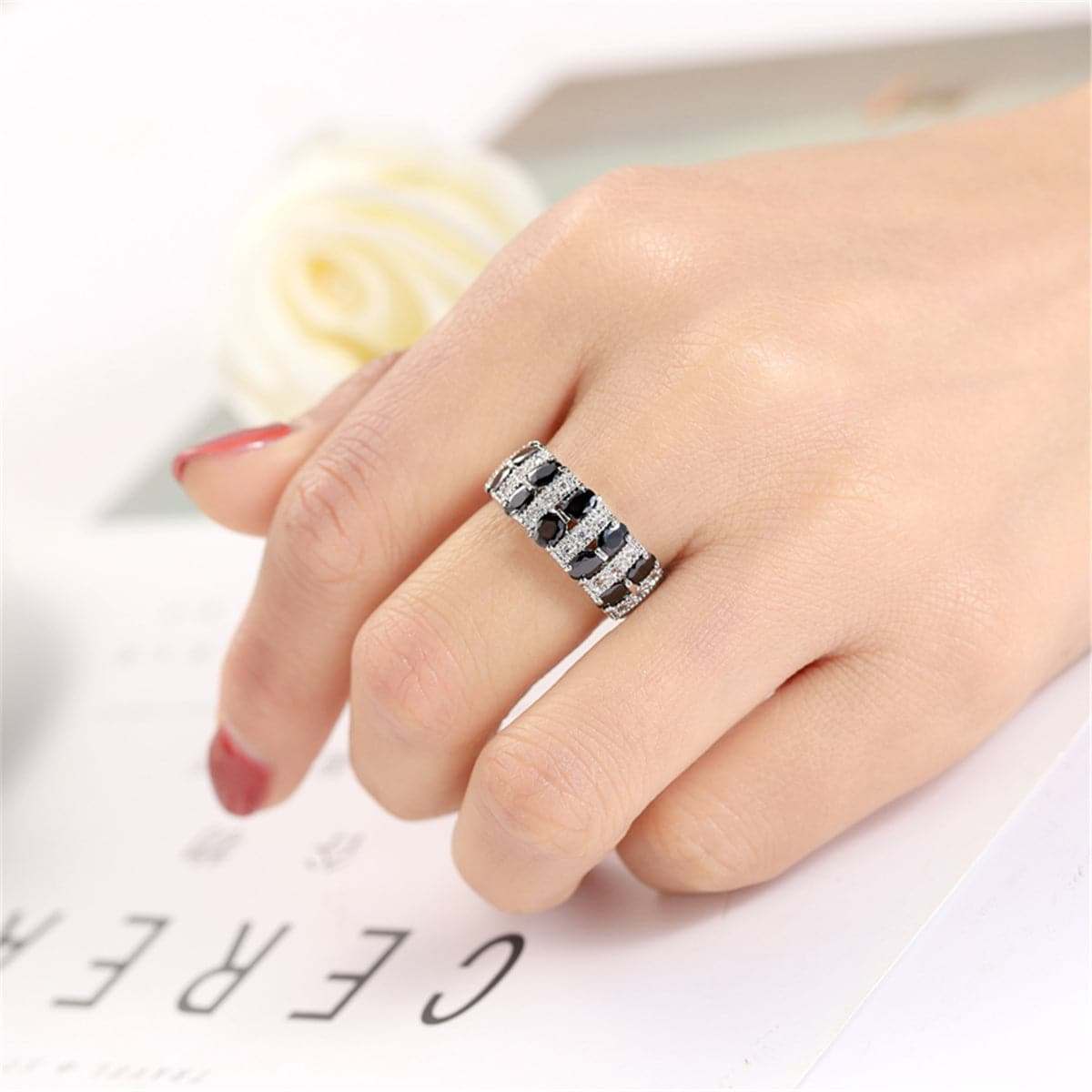 Black Crystal & Silvertone Invisible Ring