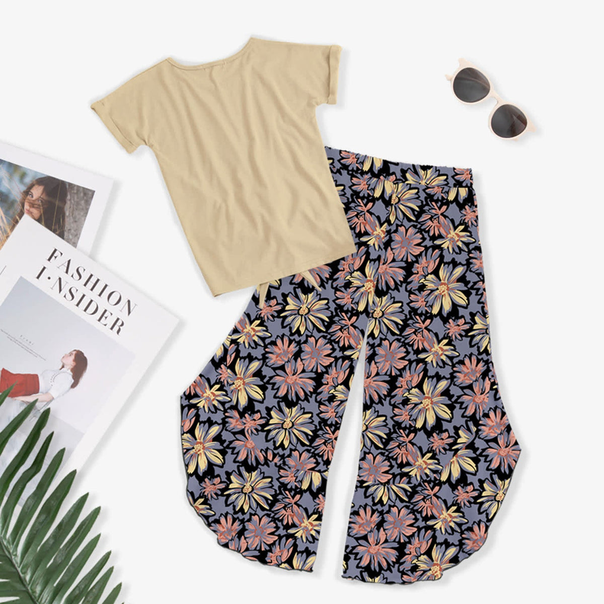 Cream Floral Peace Knot-Front Top & Floral Print Wide-Leg Pants