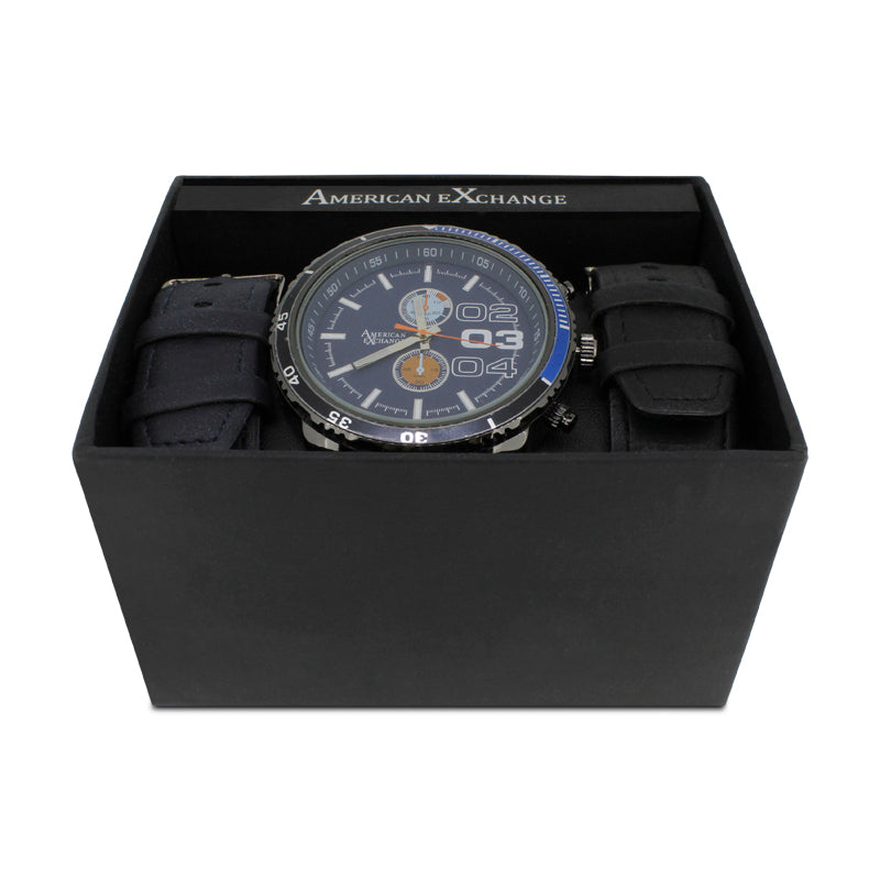 American Exchange Men's Blue Watch With Interchangeable Leather Straps 5336 (Blemished Box)