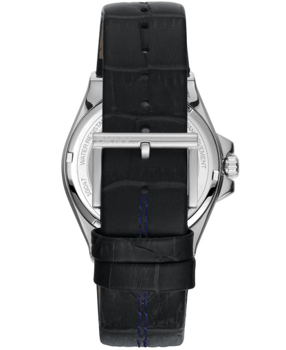Dkny Men Watch, Silver Color Case, Silver Dial, Black Leather Strap, 3 Hands Date, 10 Atm