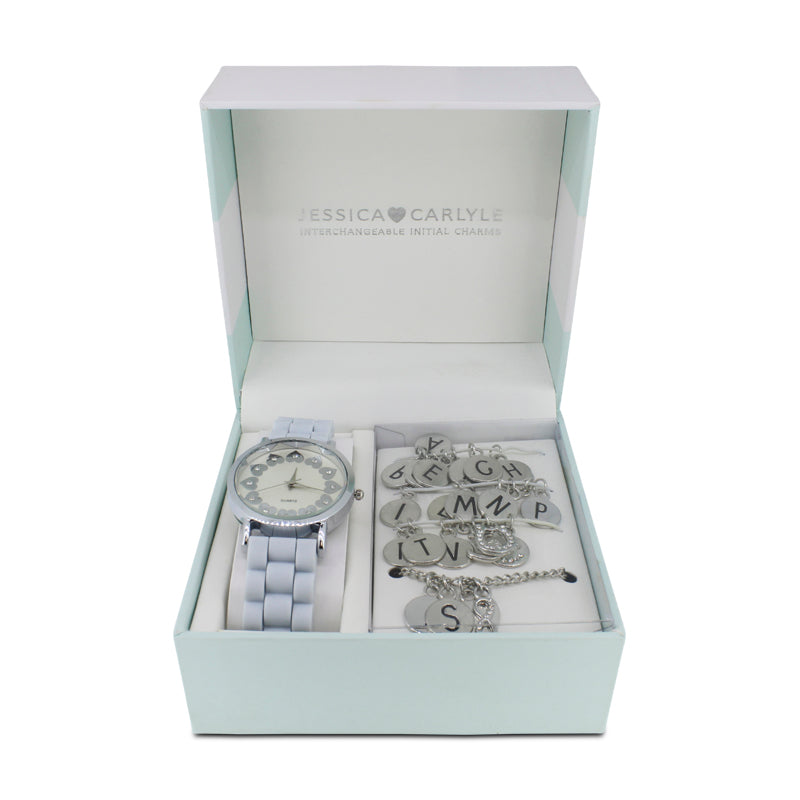 Jessica Carlyle Light Blue Rubber Strap Silver Watch & Bracelet With Initial Charms Set 1891 (Blemished Box)