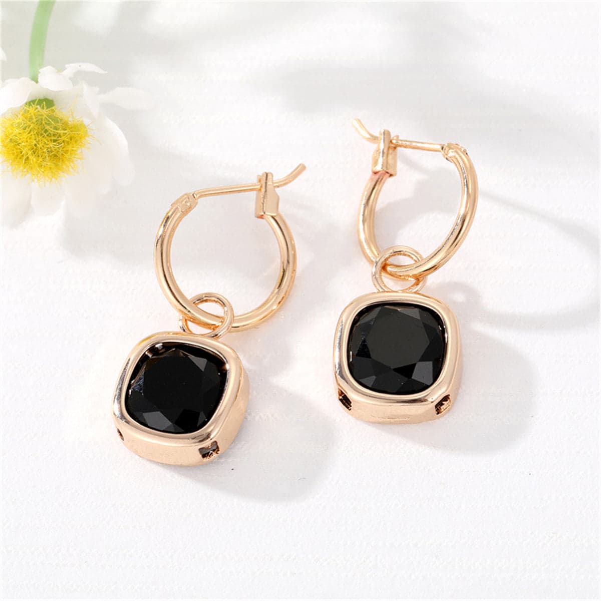 Black Crystal & Goldtone Cube Huggie Earring