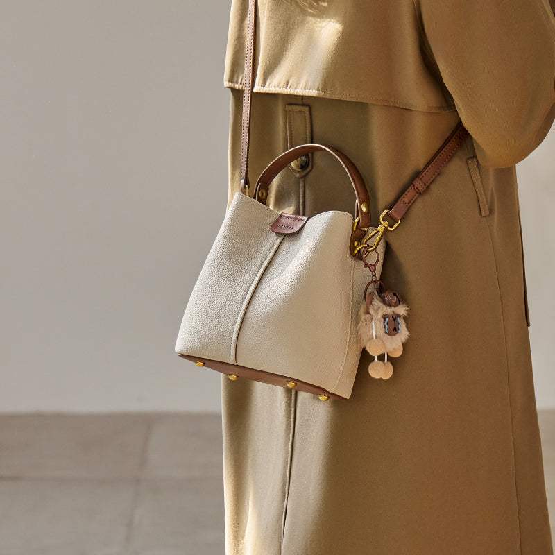 Colorblock Leather Bucket Shoulder Bag