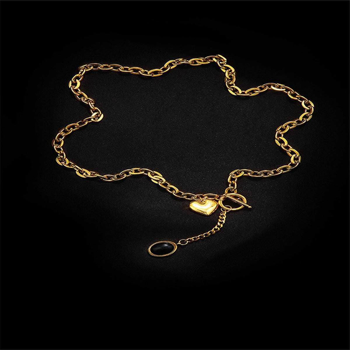 Black Crystal & Goldtone Heart Drop Pendant Necklace