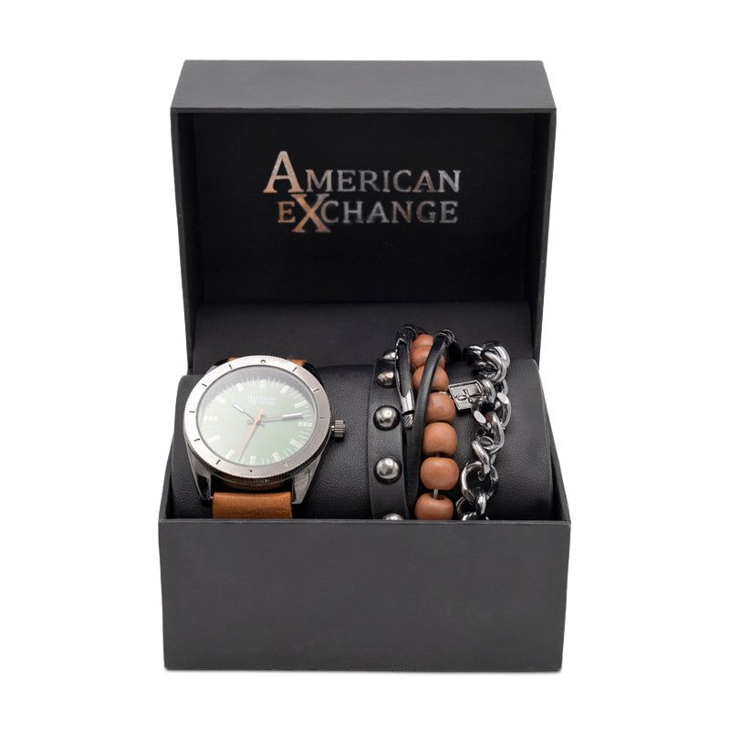 American Exchange Mens Brown Leather Watch With Bracelets 5218