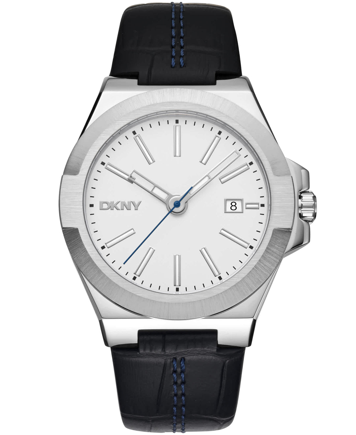 Dkny Men Watch, Silver Color Case, Silver Dial, Black Leather Strap, 3 Hands Date, 10 Atm
