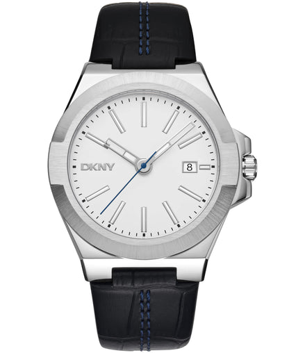 Dkny Men Watch, Silver Color Case, Silver Dial, Black Leather Strap, 3 Hands Date, 10 Atm