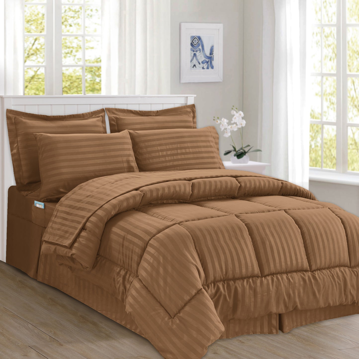 Elegant Comfort 8-Piece Dobby Stripe Comforter Set - Includes 4-Piece Sheet Set with Double Sided Storage Pockets