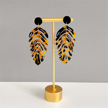 Black Acrylic & Goldtone Speckled Leaf Drop Earrings