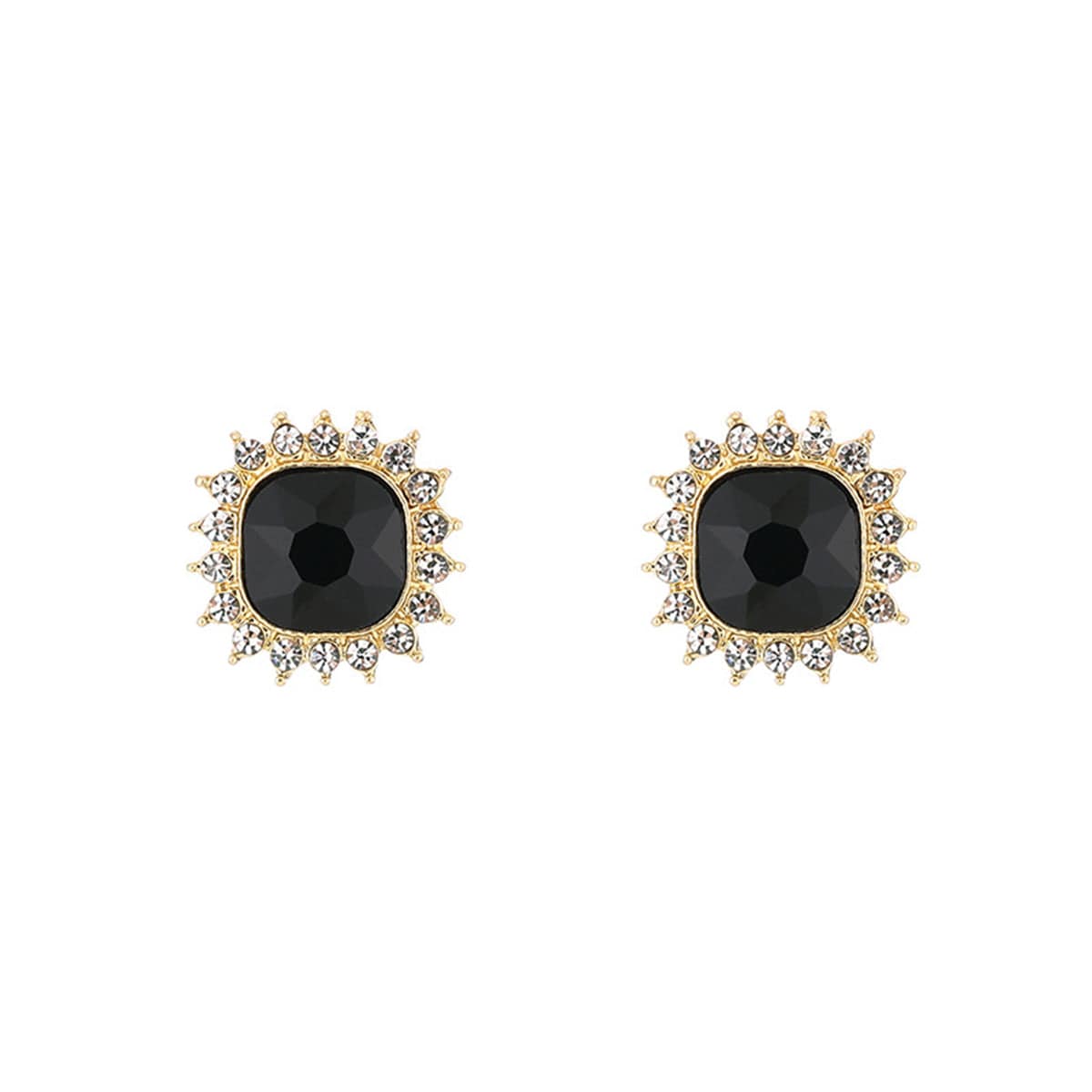 Black Crystal & Goldtone Square Halo Stud Earrings