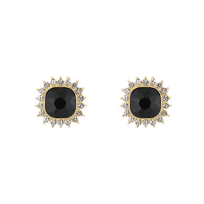 Black Crystal & Goldtone Square Halo Stud Earrings
