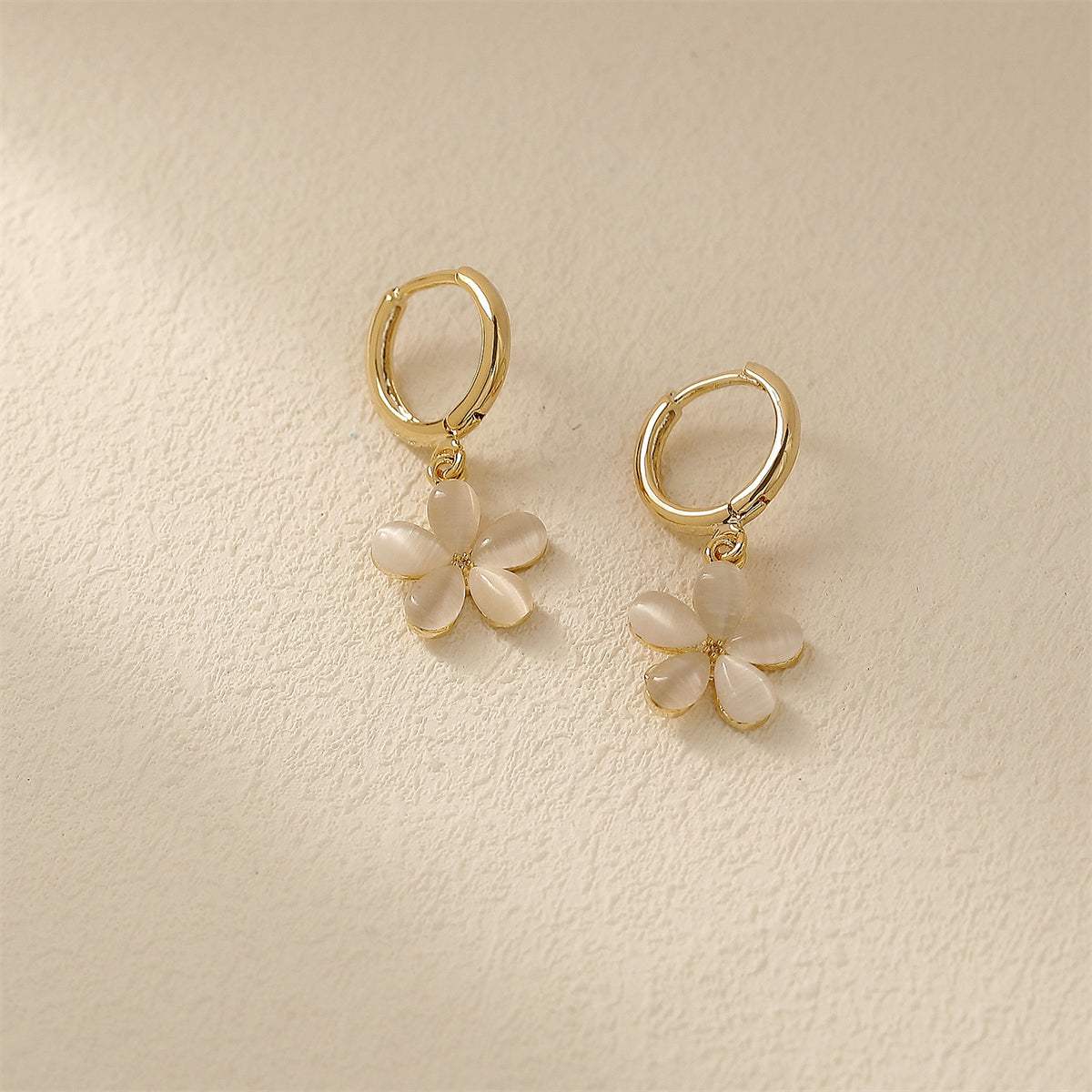 Cat's Eye & Goldtone Flower Huggie Earrings
