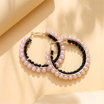 Black Acrylic & Pearl Goldtone Hoop Earrings