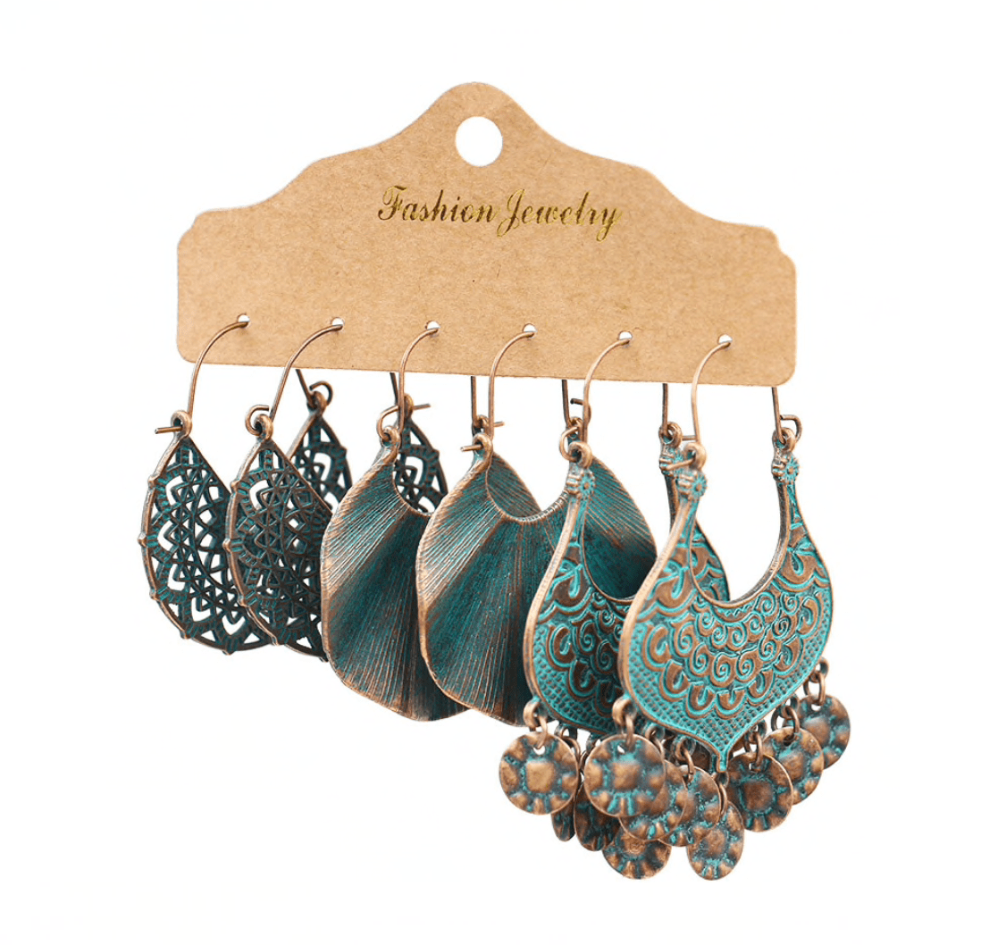 Brass Patina Filigree Chandelier Drop Earrings Set