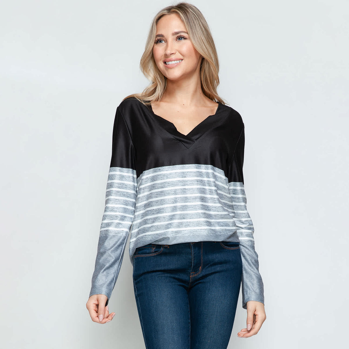 Black & Grey Stripe Print V-Neck Long Sleeve T-Shirt