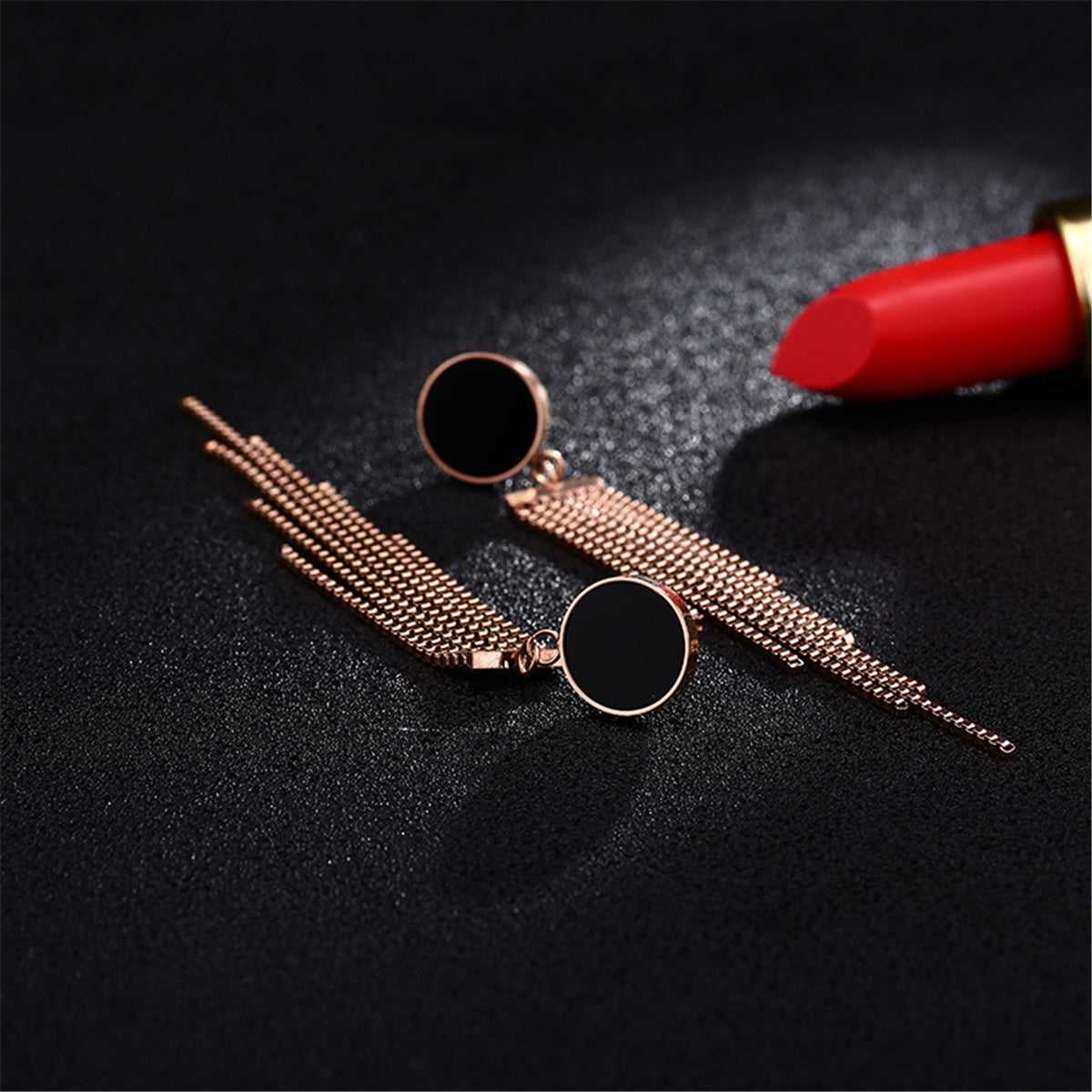 Black Acrylic & Rose Goldtone Round Tassel Drop Earrings