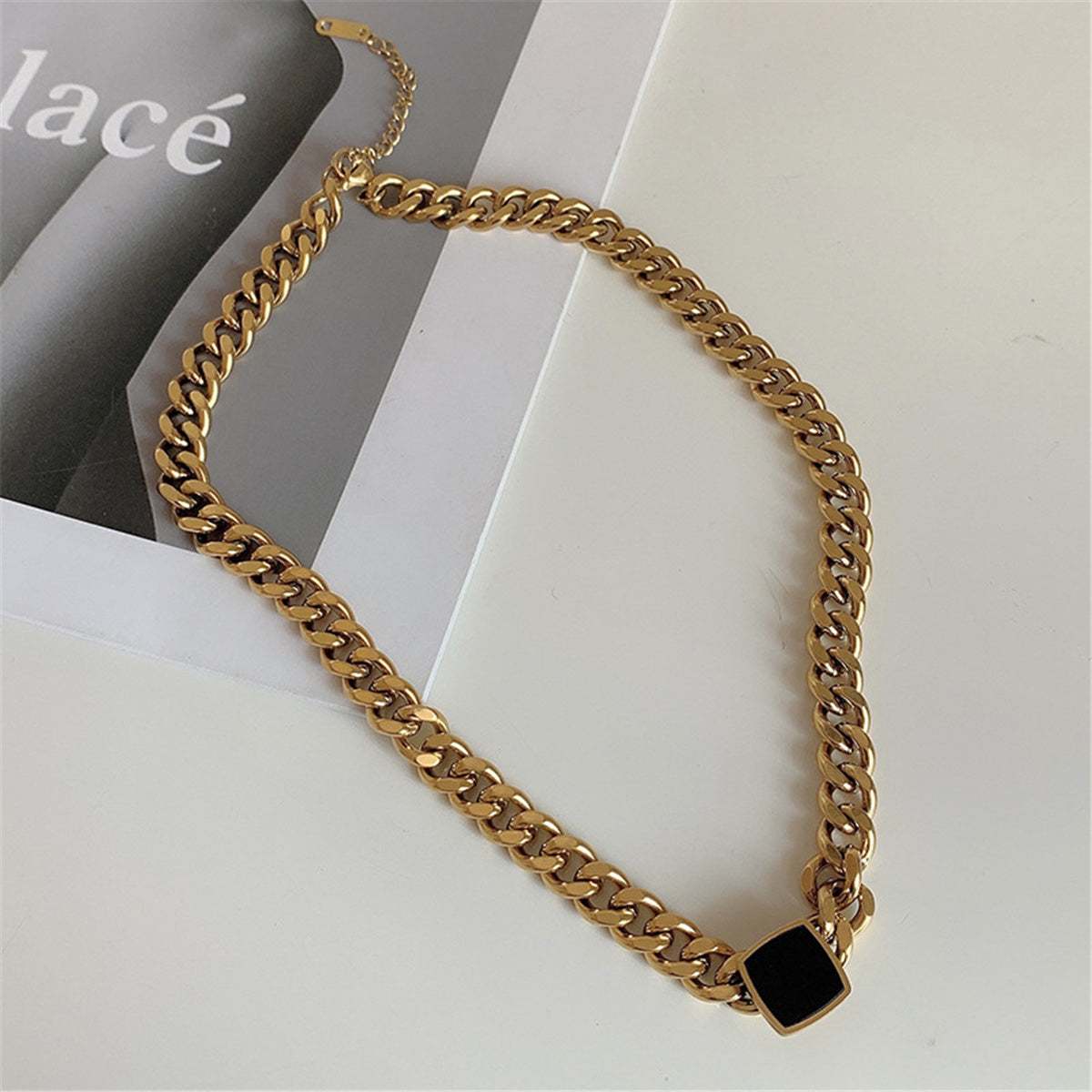 Black Enamel & Goldtone Square Pendant Necklace