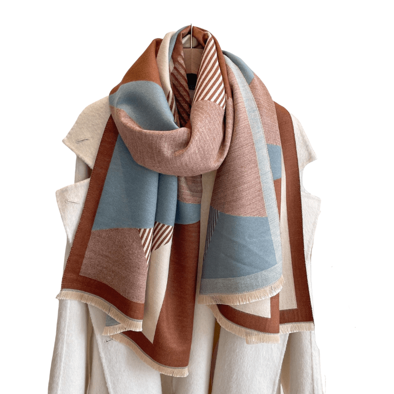 Brown & Blue Plaid Striped Fringe-Trimmed Scarf