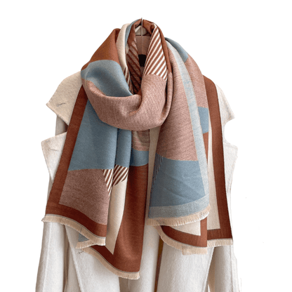 Brown & Blue Plaid Striped Fringe-Trimmed Scarf