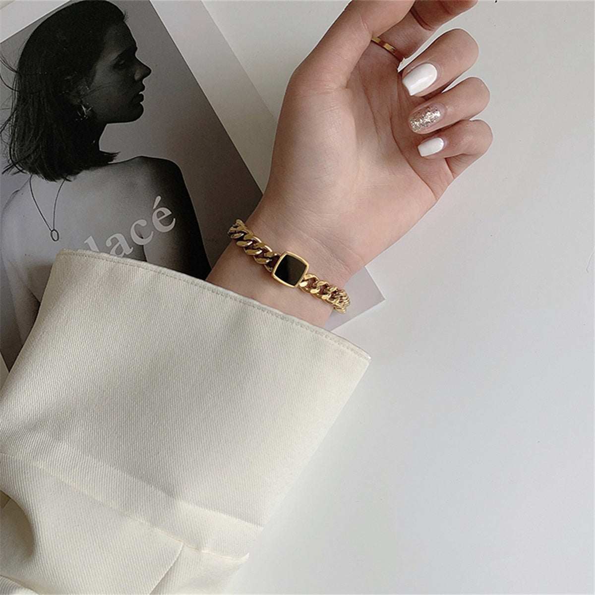 Black Enamel & Goldtone Curb Chain Square Charm Bracelet