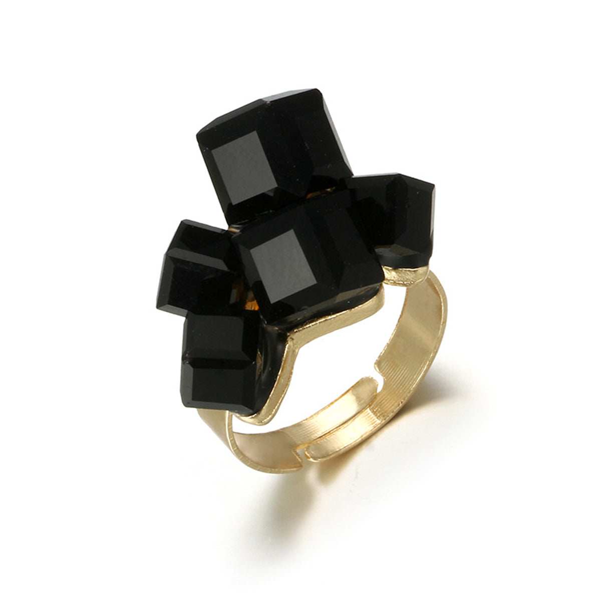 Black Crystal & Goldtone Cube Cluster Adjustable Ring