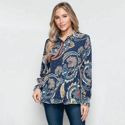 Dark Blue Paisley Print Collared Neck Ruffle-Accent Long Sleeve Shirt