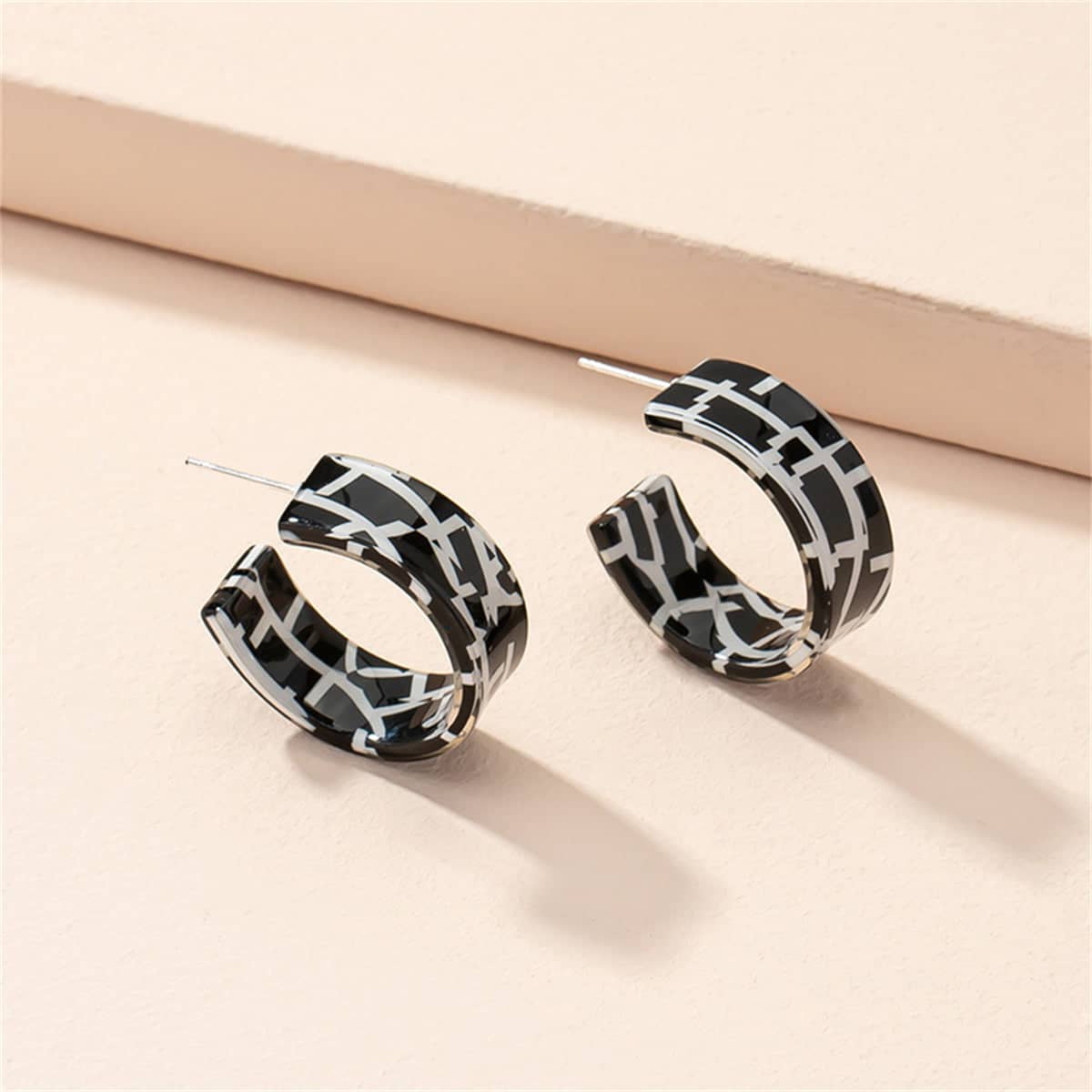 Black Acrylic & Silvertone Mosaic Huggie Earring