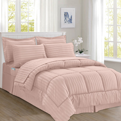 Elegant Comfort 8-Piece Dobby Stripe Comforter Set - Includes 4-Piece Sheet Set with Double Sided Storage Pockets