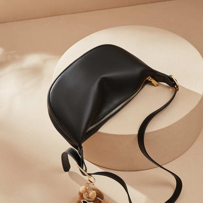 Crescent Leather Crossbody Shoulder Bag with Bear Charm