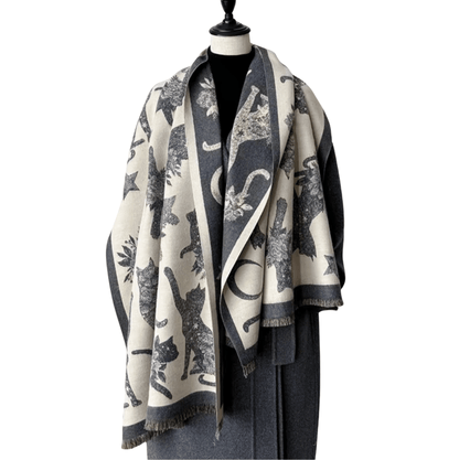Celestial Cat-Patterned Scarf Fringe-Trimmed Scarf