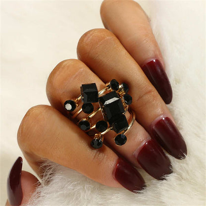 Black Crystal & Goldtone Geometric Layered Ring