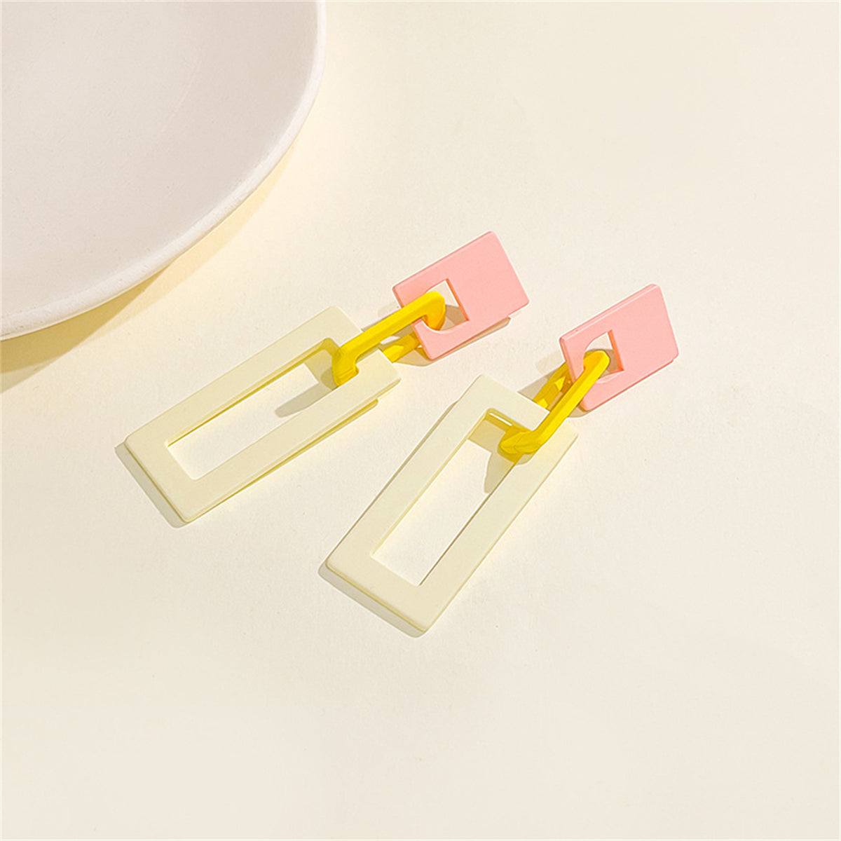 Beige & Silvertone Interlocked Rectangle Drop Earrings