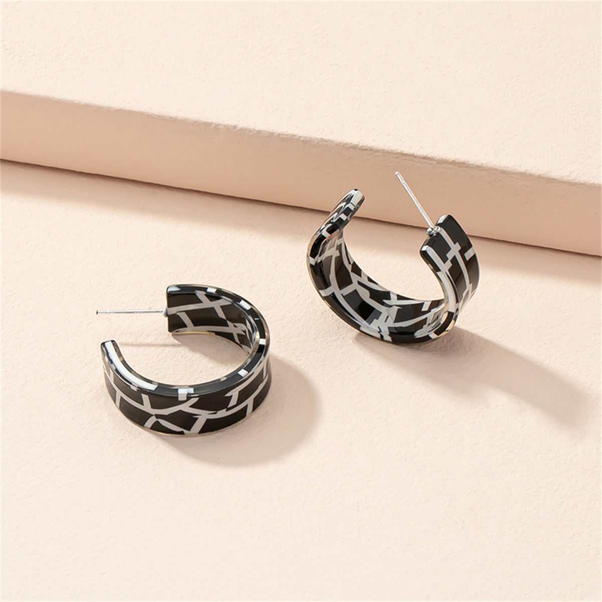 Black Acrylic & Silvertone Mosaic Huggie Earring