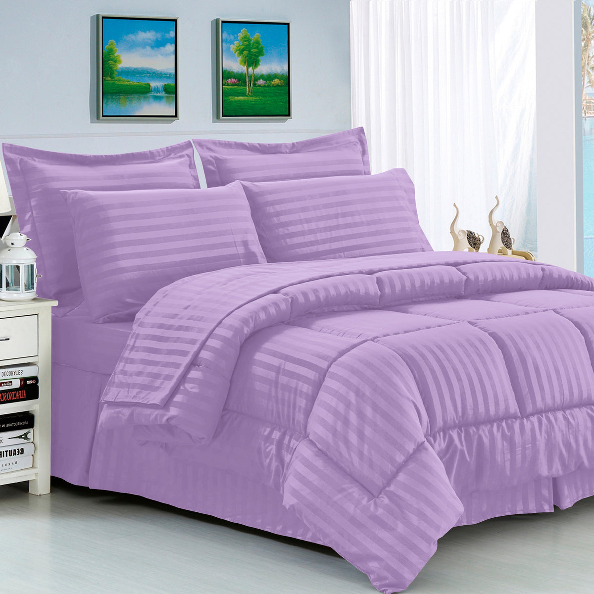 Elegant Comfort 8-Piece Dobby Stripe Comforter Set - Includes 4-Piece Sheet Set with Double Sided Storage Pockets