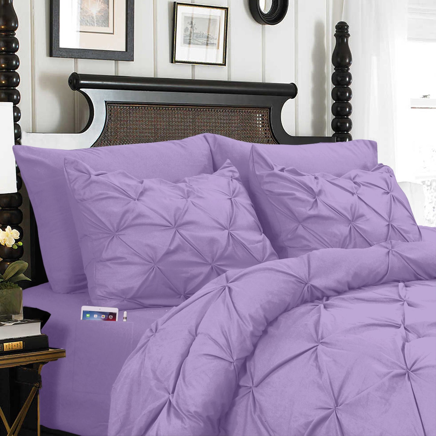 Elegant Comfort 8-Piece Pintuck Pinch Pleated Comforter Set - Includes 4-Piece Sheet Set with Double Sided Storage Pockets