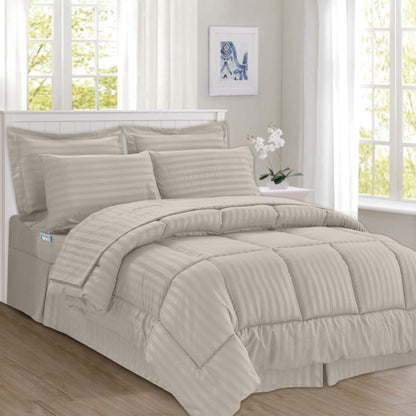 Elegant Comfort 8-Piece Dobby Stripe Comforter Set - Includes 4-Piece Sheet Set with Double Sided Storage Pockets