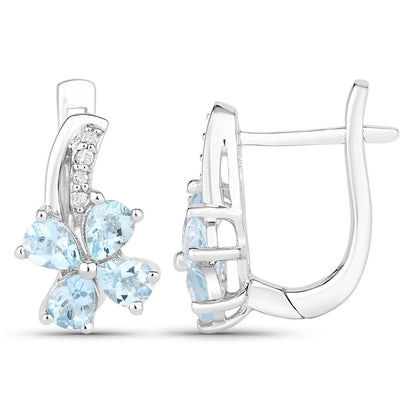 Genuine Blue Aquamarine Lab Diamond Silver Floral Earrings