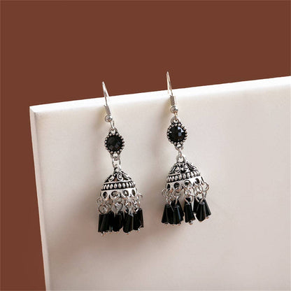Black Acrylic & Silvertone Boho Tassel Drop Earrings