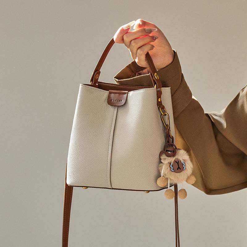 Colorblock Leather Bucket Shoulder Bag
