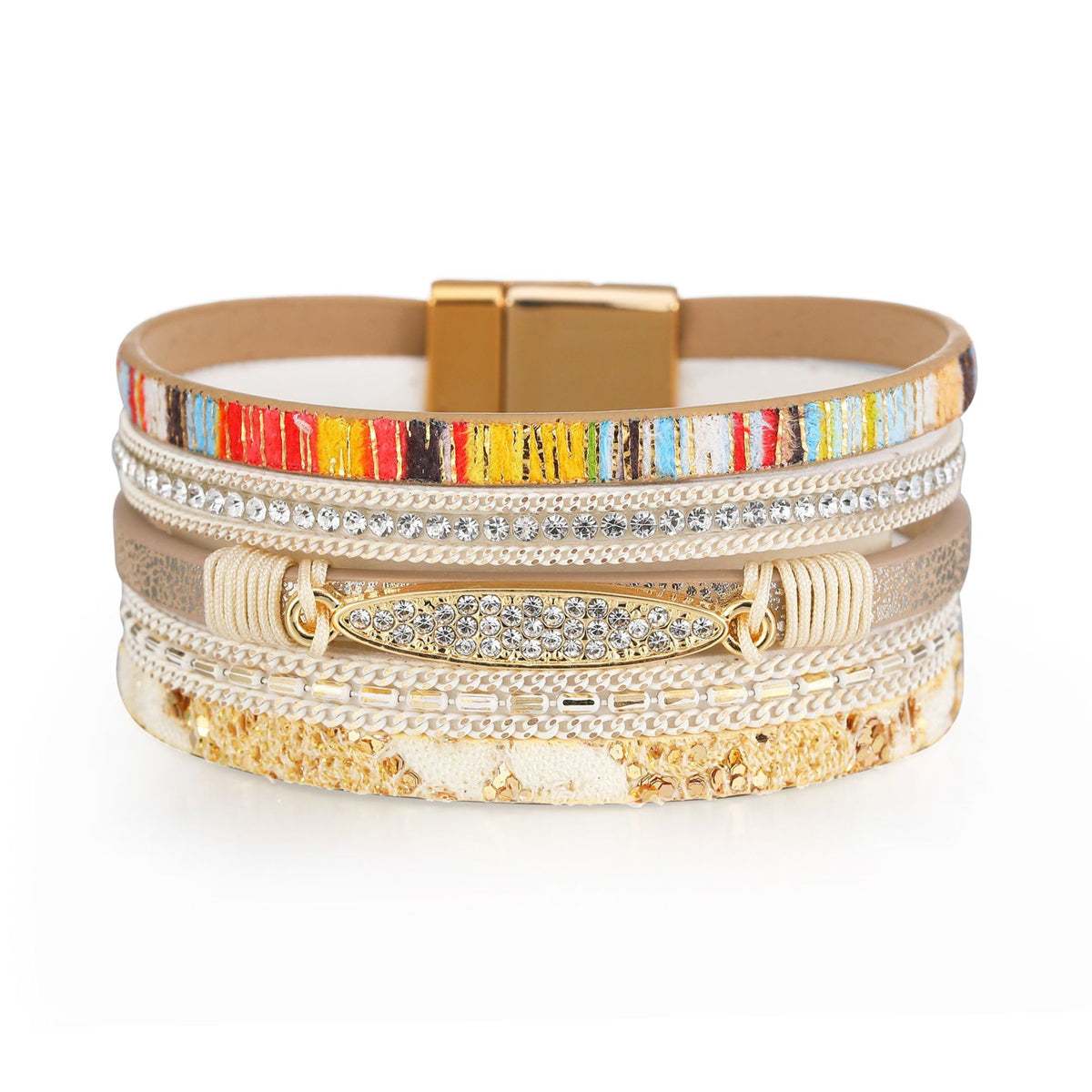 Beige Polystyrene & Cubic Zirconia Goldtone Layered Bracelet
